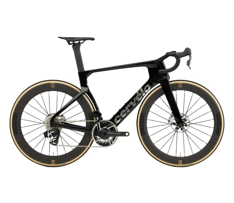 A black Cervello road racing bicycle with deep carbon fiber wheels and tan sidewall tires, shown from a side profile on a white background.