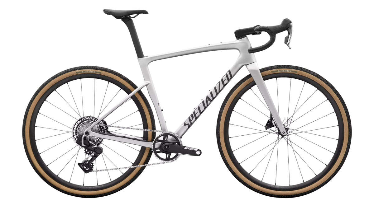 Silver gravel bicycle with black logo