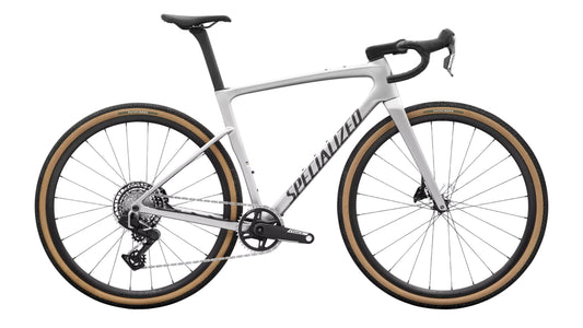 Silver gravel bicycle with black logo